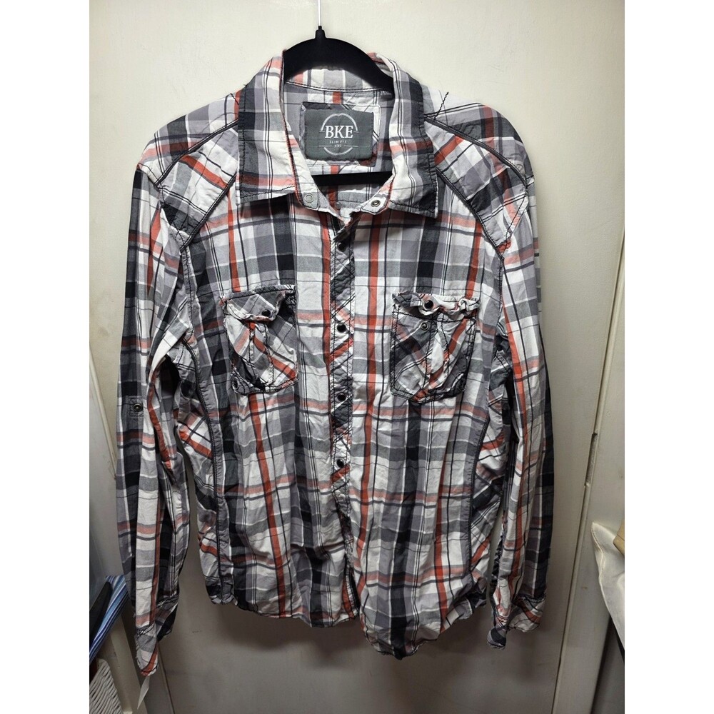 Buckle BKE Pearl Snap Shirt Mens XXL Orange Plaid Slim Fit Western Cowboy Casual